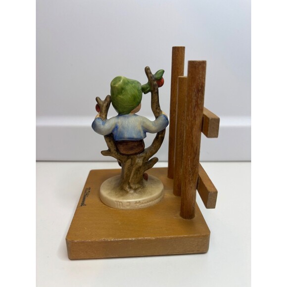 M J Hummel Boy in Apple Tree Bookend Western Germany Figurine on Wood 5" Tall - Picture 4 of 8